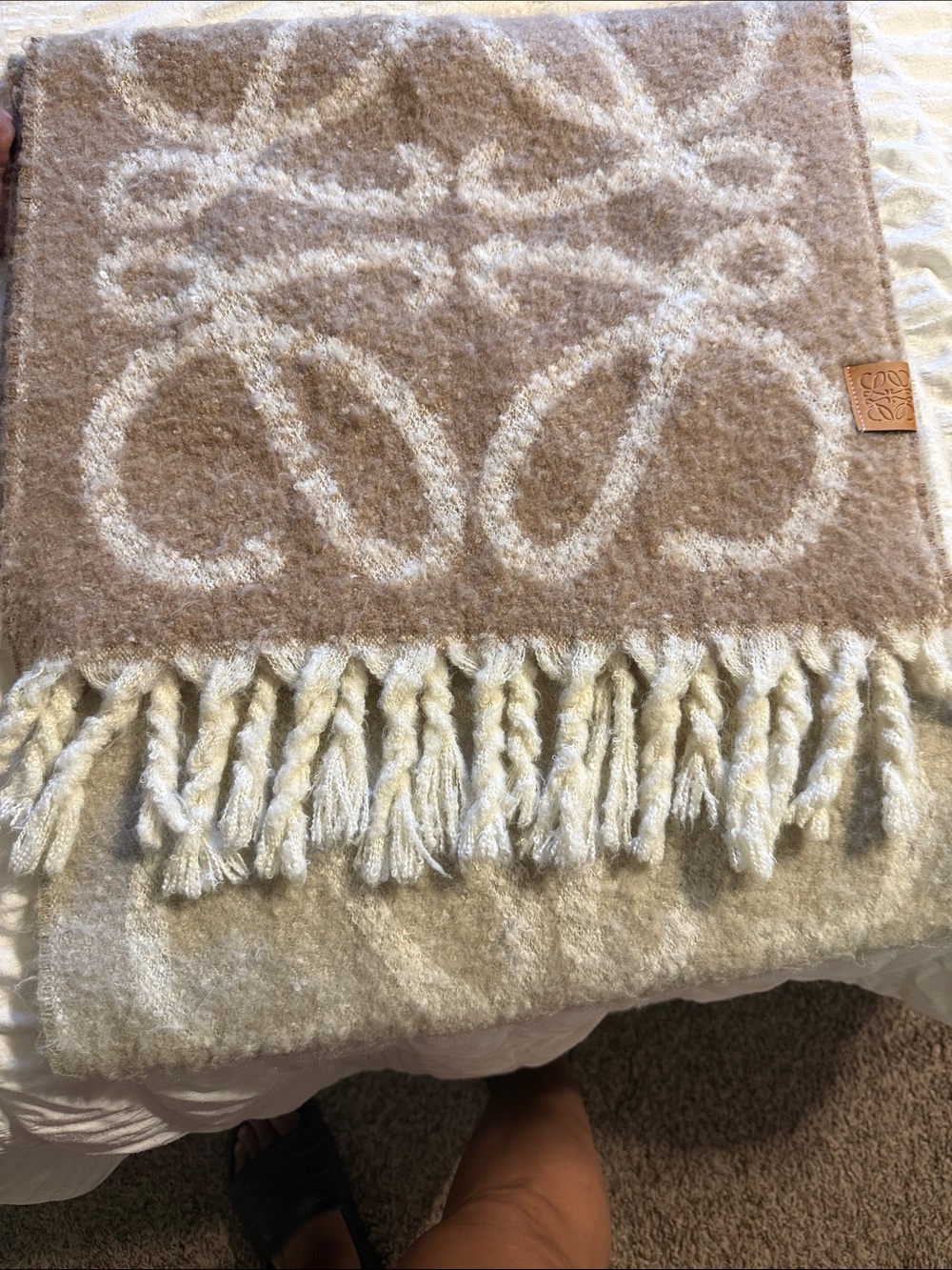 Loewe Cream & Tan Wool Fringe Throw with Anagram Motif